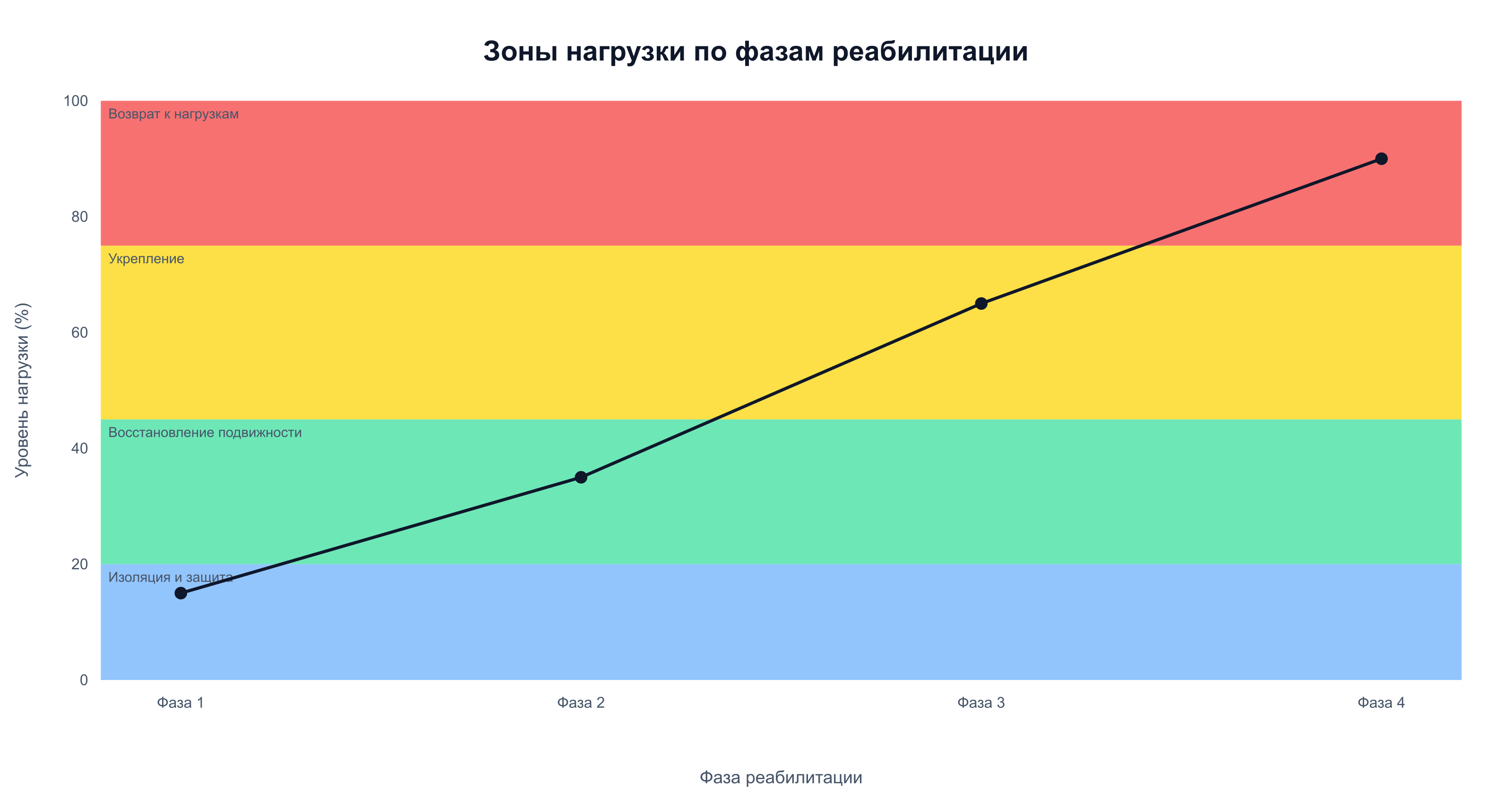 Нагрузка постепенно растёт по фазам реабилитации от изоляции области до полного возврата к тренировкам